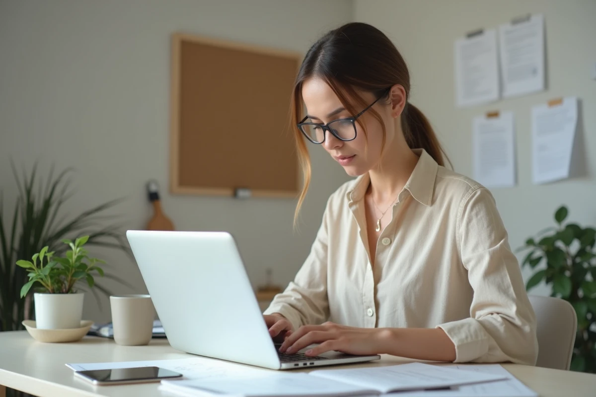 Femme gérant ses démarches administratives en ligne depuis son bureau à domicile avec des documents imprimés