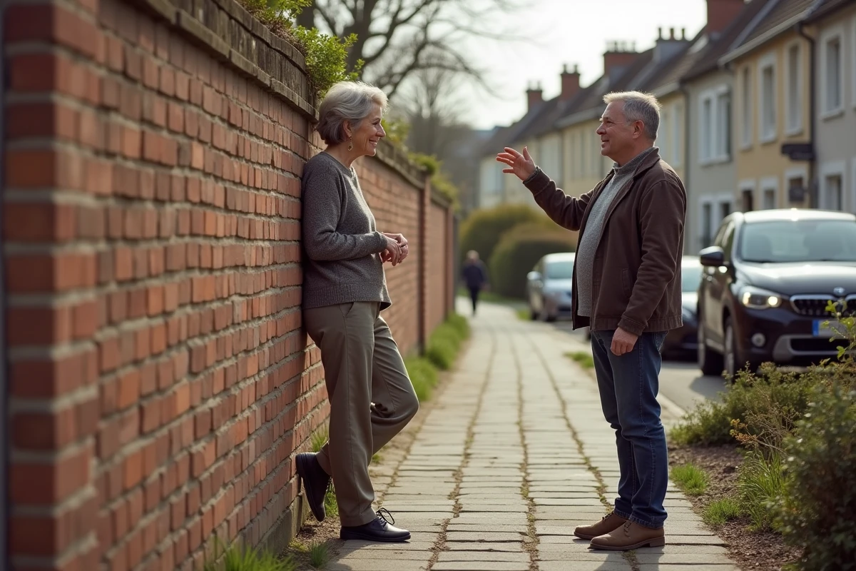 Femme discutant avec un voisin près d’un mur en briques