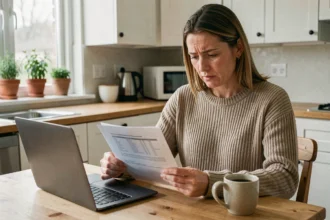 Femme consultant des documents d'assurance habitation sur une table en bois dans une cuisine moderne