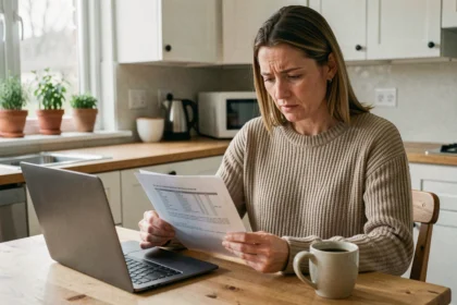 Femme consultant des documents d'assurance habitation sur une table en bois dans une cuisine moderne
