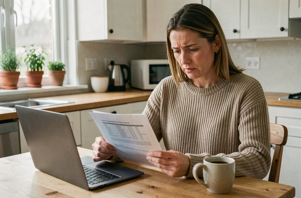Femme consultant des documents d'assurance habitation sur une table en bois dans une cuisine moderne