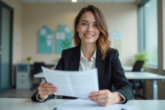 Femme professionnelle tenant un dossier de logement avec espoir