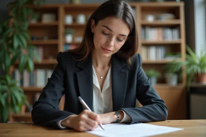 Jeune femme écrivant une lettre dans un appartement urbain chaleureux
