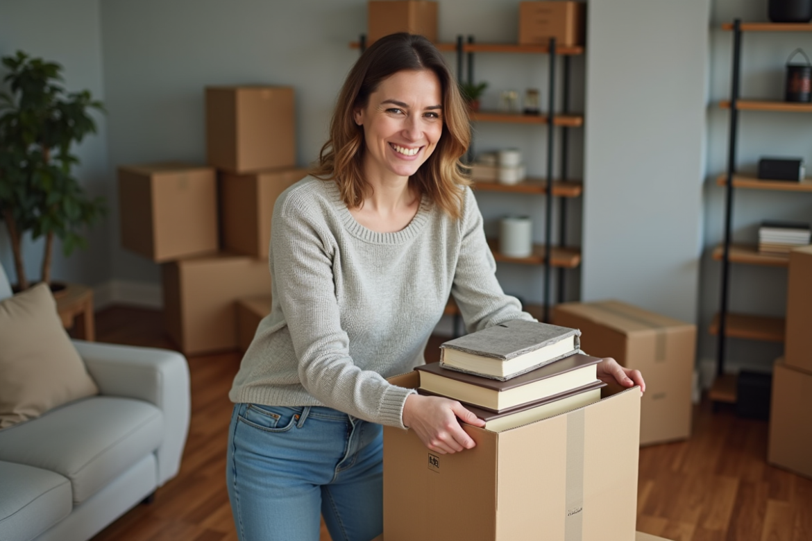 Femme emballant des livres dans une boîte à la maison