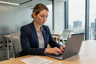 Femme professionnelle consultant son espace client MyCitya sur un ordinateur portable dans un bureau moderne pour télécharger des documents légaux