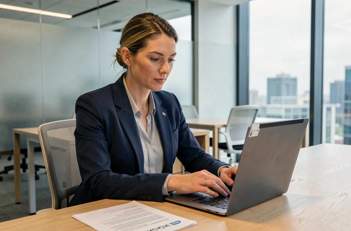 Femme professionnelle consultant son espace client MyCitya sur un ordinateur portable dans un bureau moderne pour télécharger des documents légaux