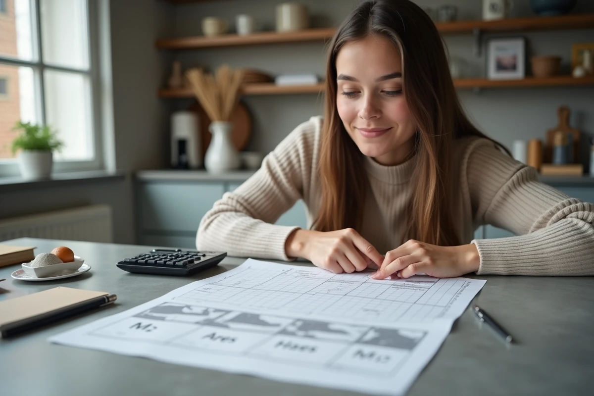 Jeune femme étudie unités de surface sur table