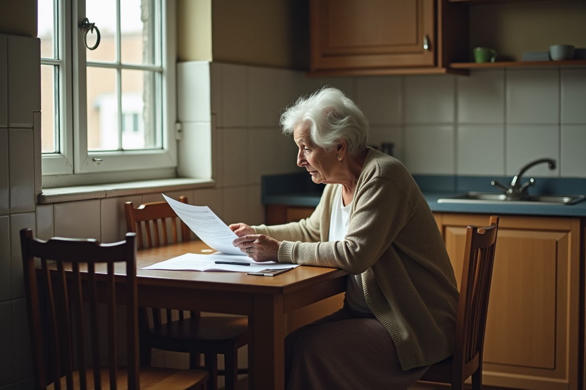 Femme âgée lisant un document dans sa cuisine