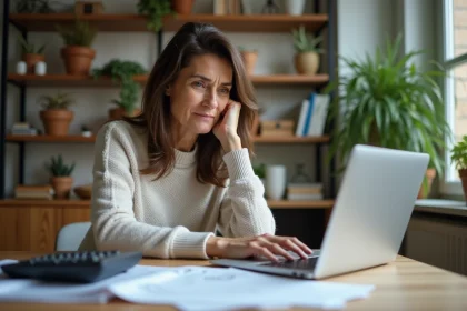 Femme réfléchissant à ses factures de logement à la maison