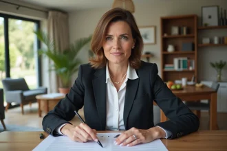 Femme d'âge moyen examinant des documents immobiliers à la maison