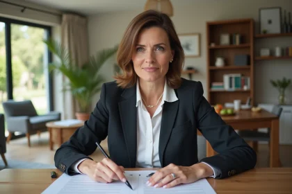 Femme d'âge moyen examinant des documents immobiliers à la maison