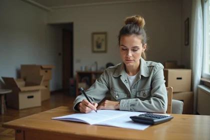 Femme concentrée examinant des papiers dans un appartement