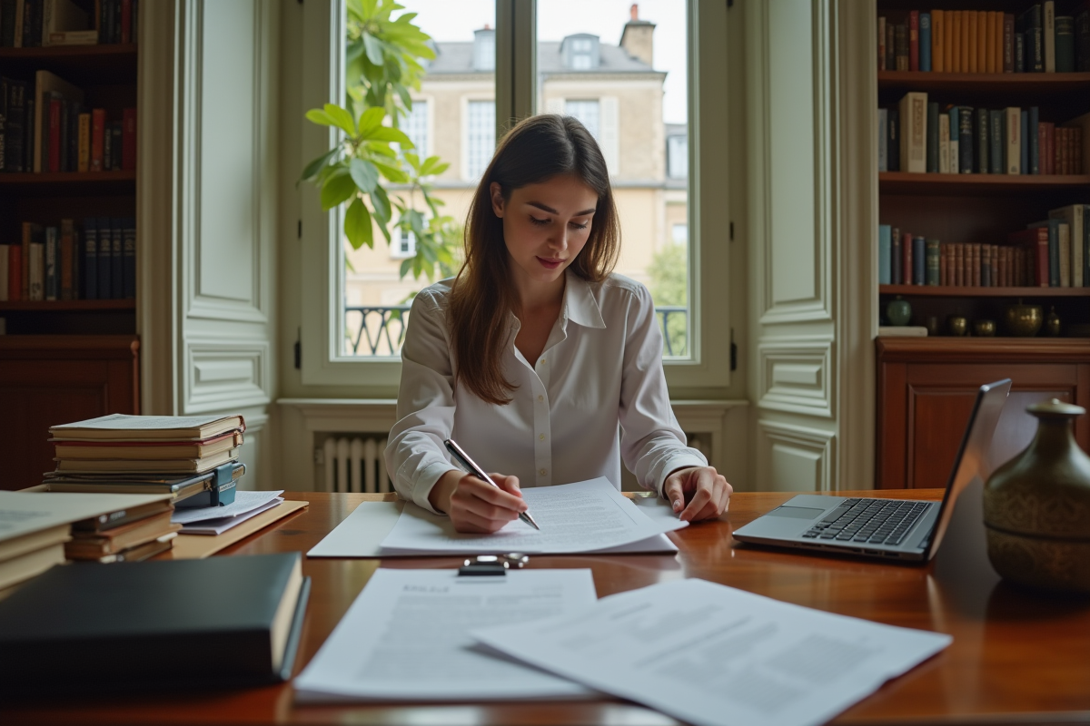 Jeune femme dans un appartement haussmannien examine des documents