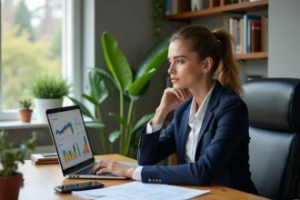 Femme d'affaires examine des graphiques immobiliers sur son ordinateur
