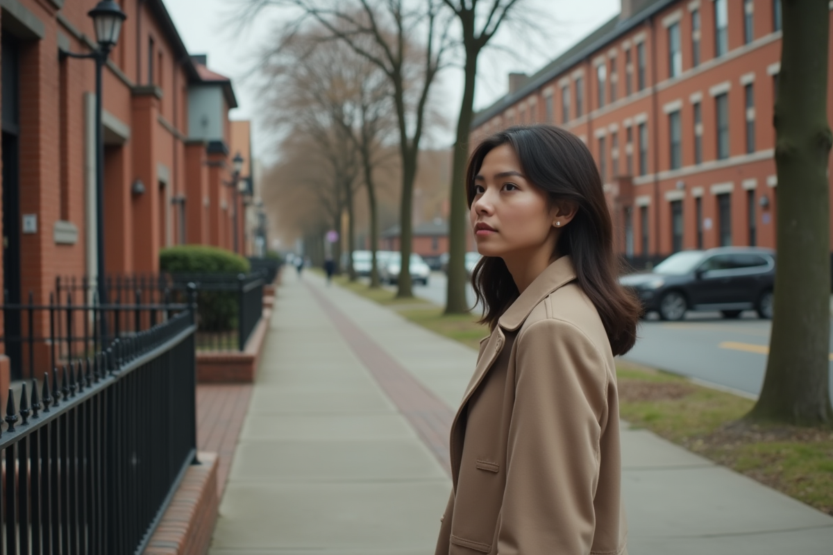 Jeune femme regarde un immeuble avec panneau vente immobilier