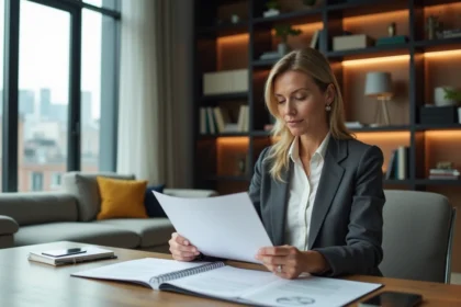 Femme d'âge moyen examinant des documents immobiliers dans un salon moderne