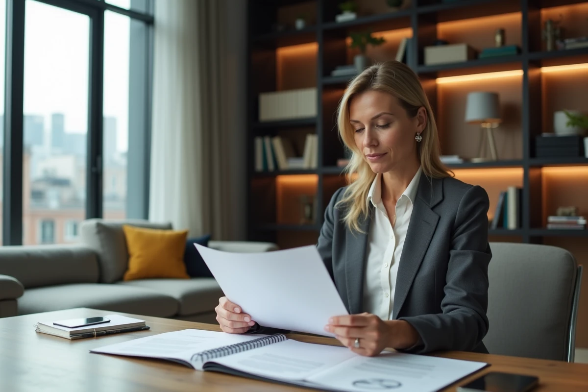Femme d'âge moyen examinant des documents immobiliers dans un salon moderne