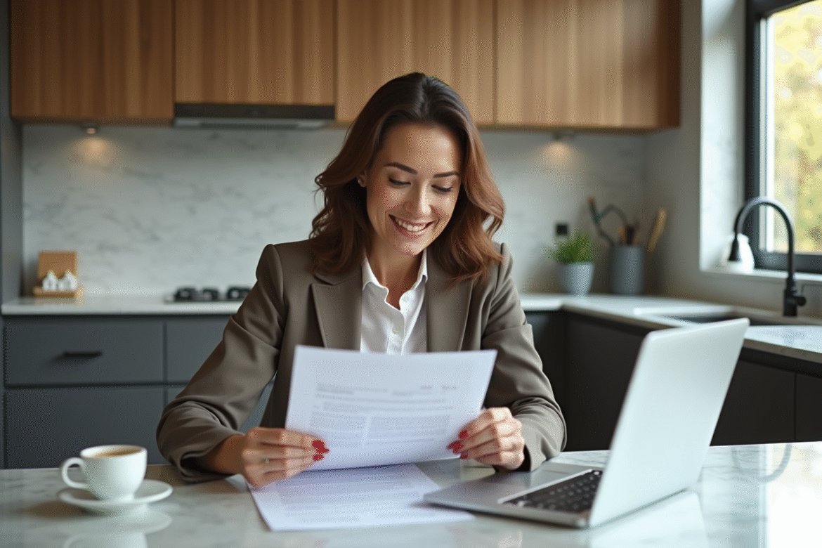 Femme souriante examinant des documents de prêt immobilier à la maison