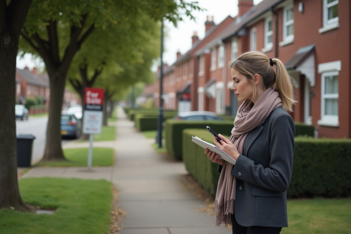Femme en blazer étudie une maison à vendre par auction