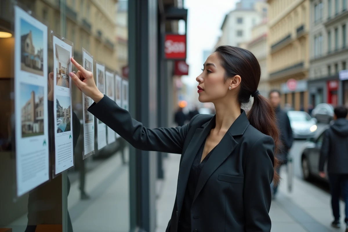 Jeune femme en costume examine annonces immobilières en ville