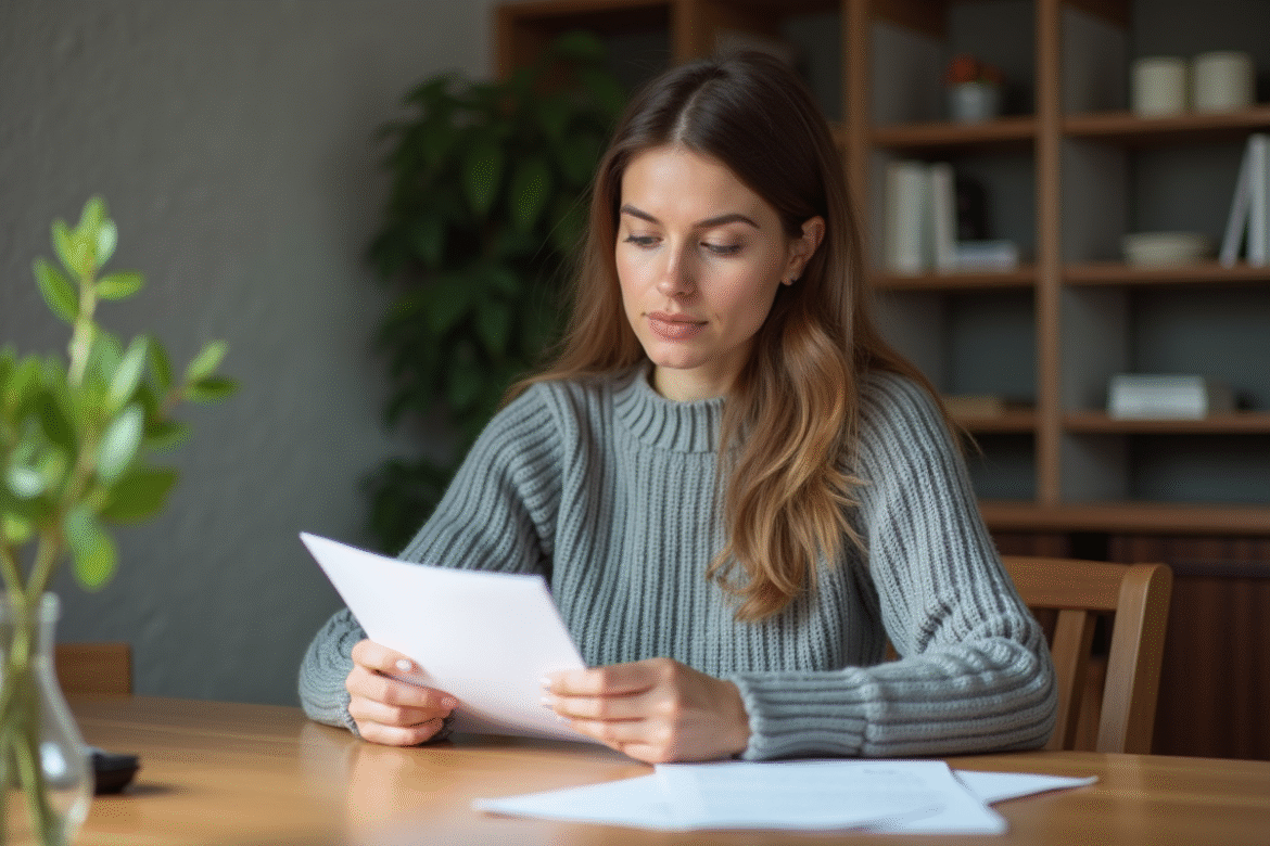 Femme lisant une lettre dans un appartement moderne