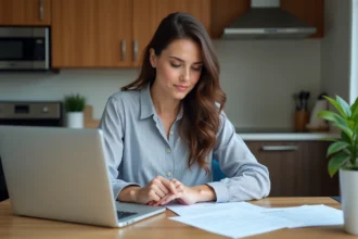 Femme concentrée examinant des documents de location