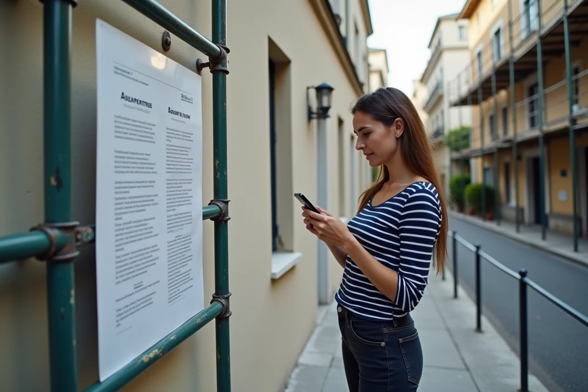 Femme consultant un panneau d'affichage de déclaration de travaux fixé sur des échafaudages devant une maison en rénovation