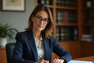 Femme notaire examinant un formulaire cerfa de demande d'état hypothécaire dans un bureau administratif