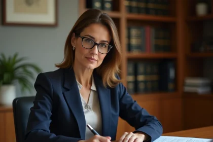 Femme notaire examinant un formulaire cerfa de demande d'état hypothécaire dans un bureau administratif