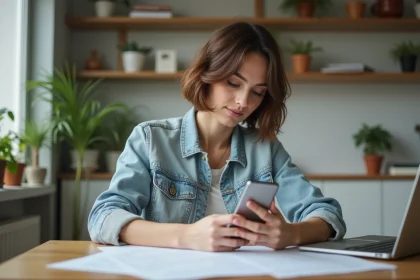 Femme avec smartphone dans une cuisine moderne