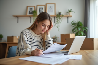 Jeune femme vérifiant une liste de déménagement dans son appartement