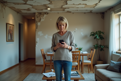 Femme regardant son smartphone dans un appartement endommagé