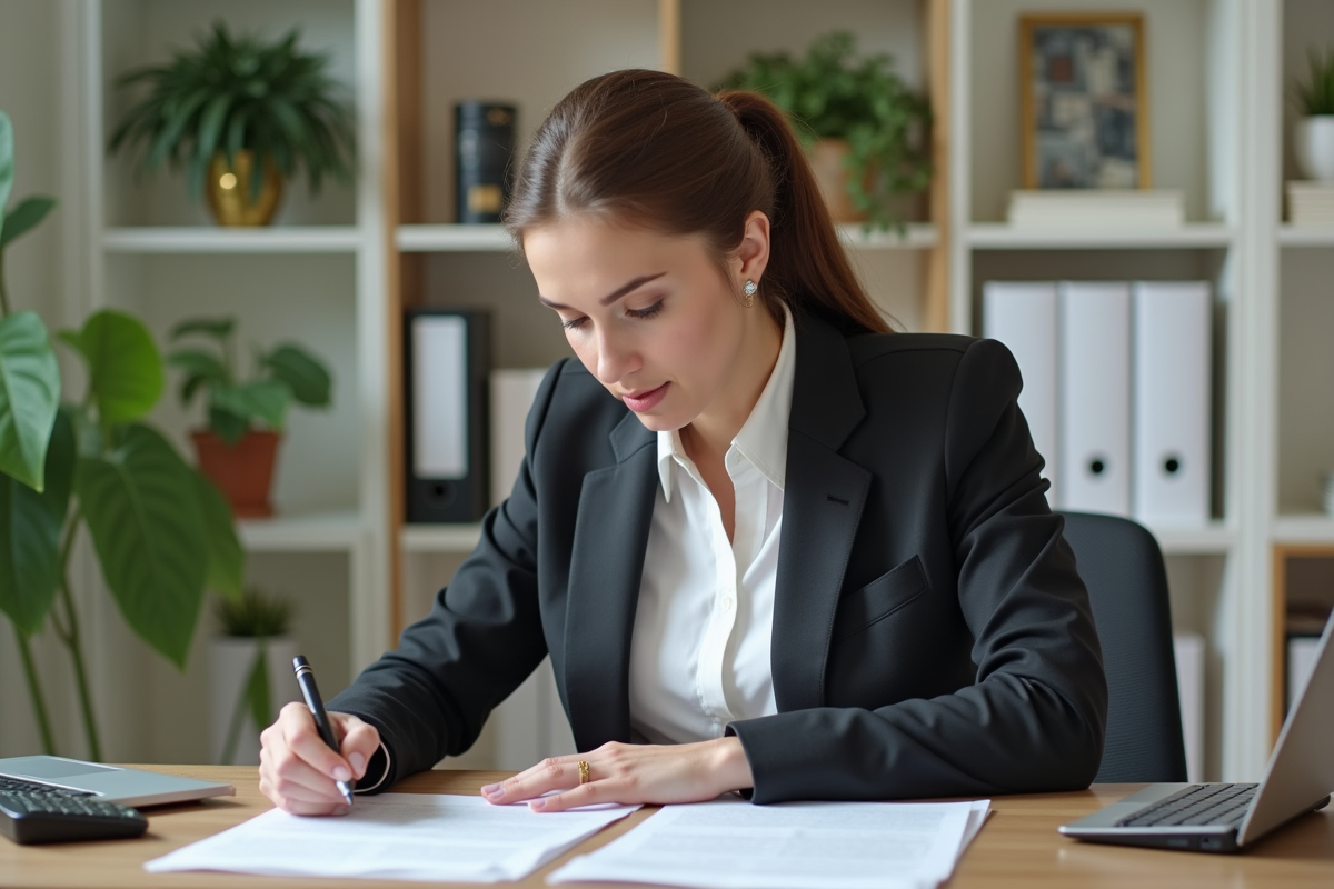 Femme professionnelle examinant des documents immobiliers au bureau