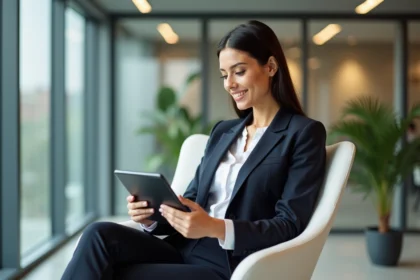 Femme élégante en bureau moderne avec tablette et listings immobiliers