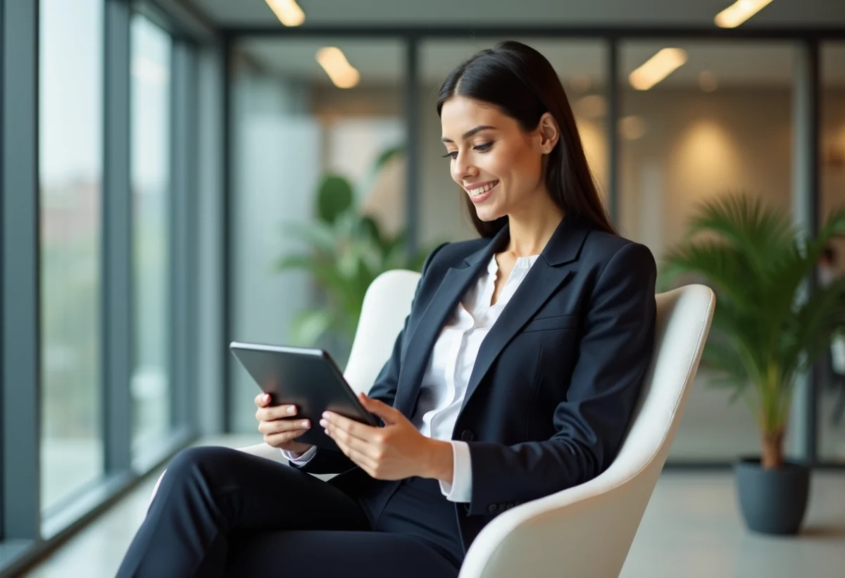 Femme élégante en bureau moderne avec tablette et listings immobiliers