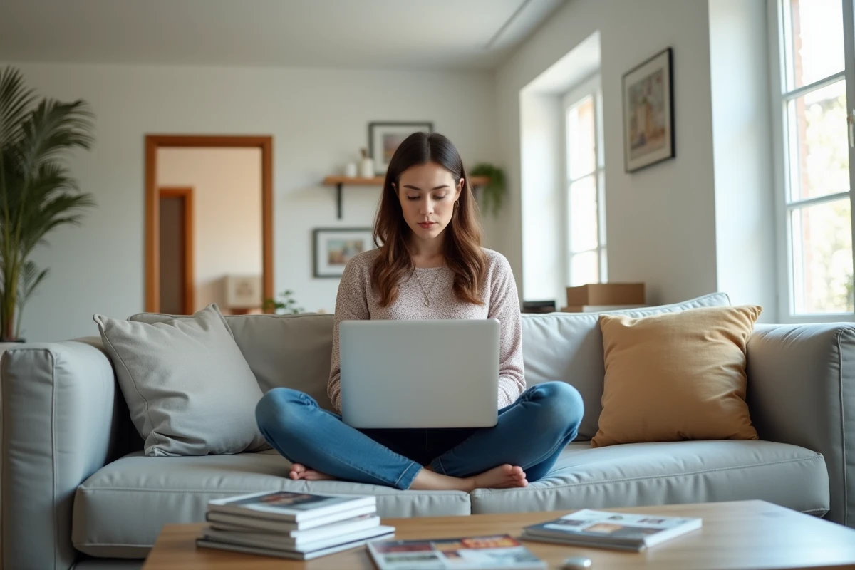 Femme seule recherchant des appartements T2 sur un ordinateur portable dans un salon en cours d'aménagement avec cartons et magazines