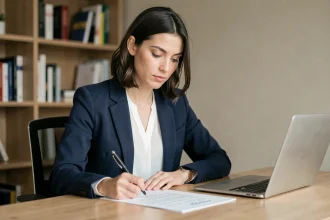 Femme rédigeant une lettre de préavis à son bureau à domicile avec un stylo noir sur document officiel