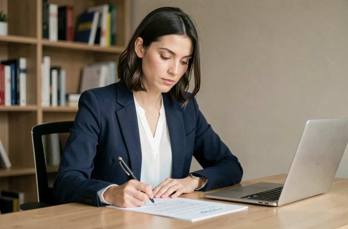 Femme rédigeant une lettre de préavis à son bureau à domicile avec un stylo noir sur document officiel