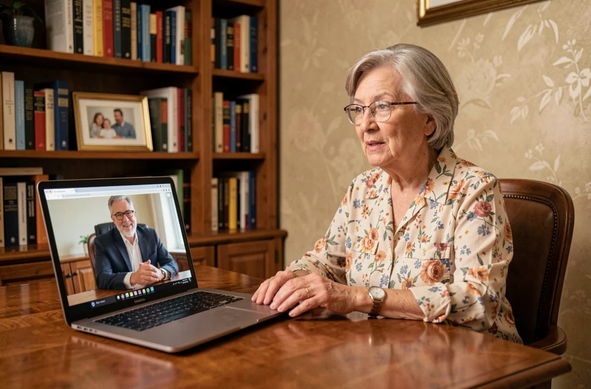 Femme senior en consultation vidéo avec un agent d'assurance habitation dans un bureau à domicile