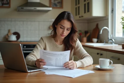 Femme seule examinant des documents de prêt immobilier à la table de sa cuisine avec un ordinateur portable affichant un simulateur de crédit