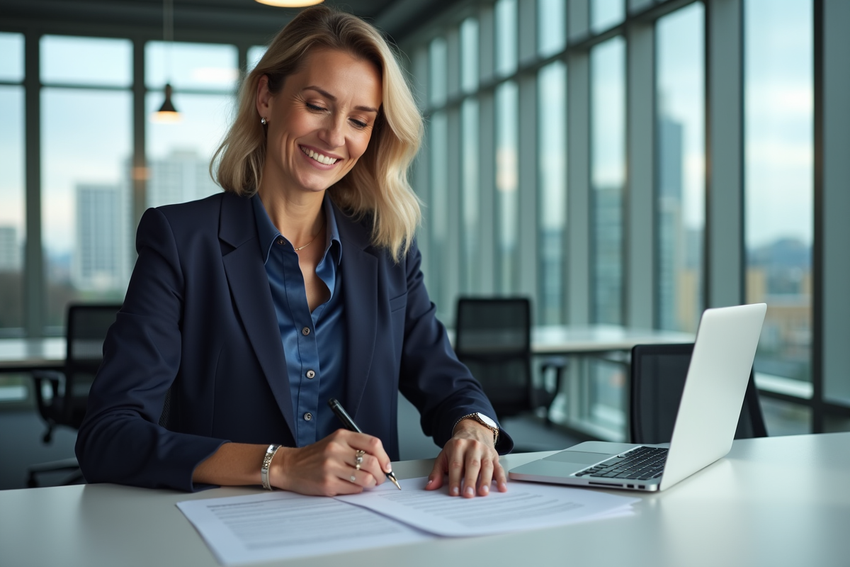 Femme signant un contrat de location dans un bureau moderne