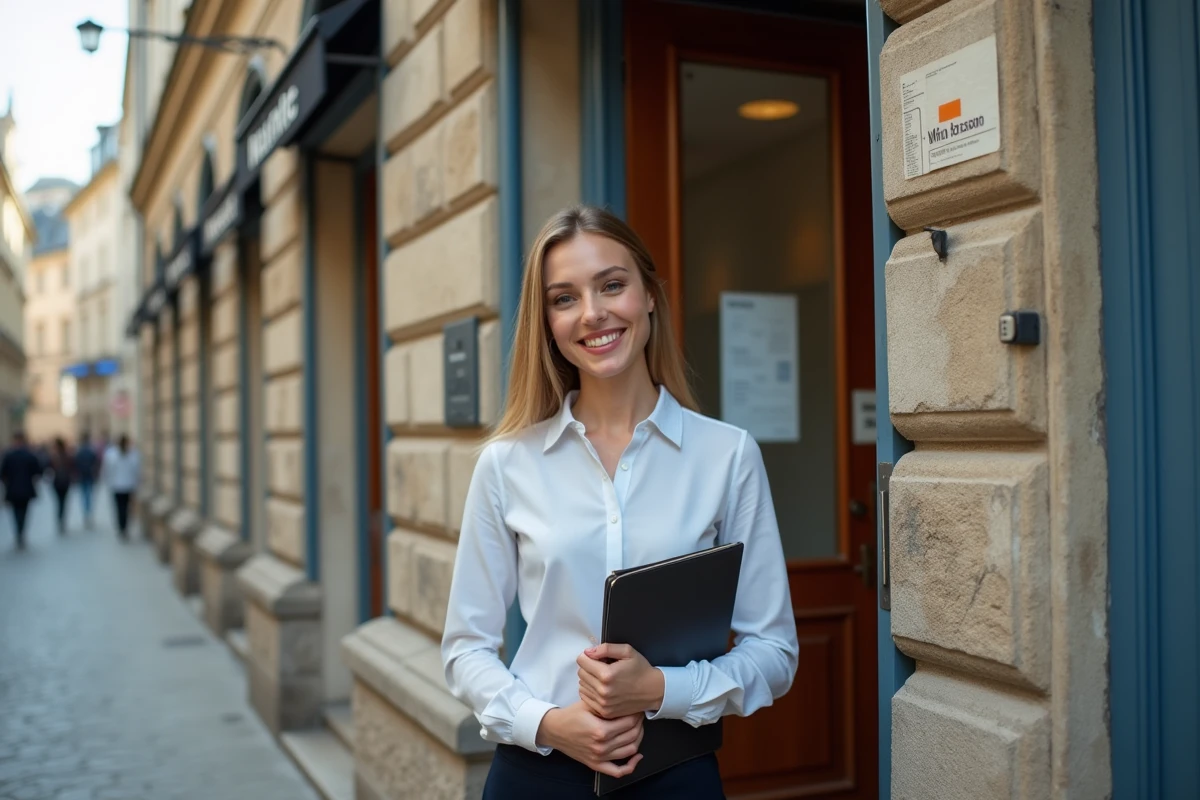 Jeune femme souriante devant un office notaire à Limoges