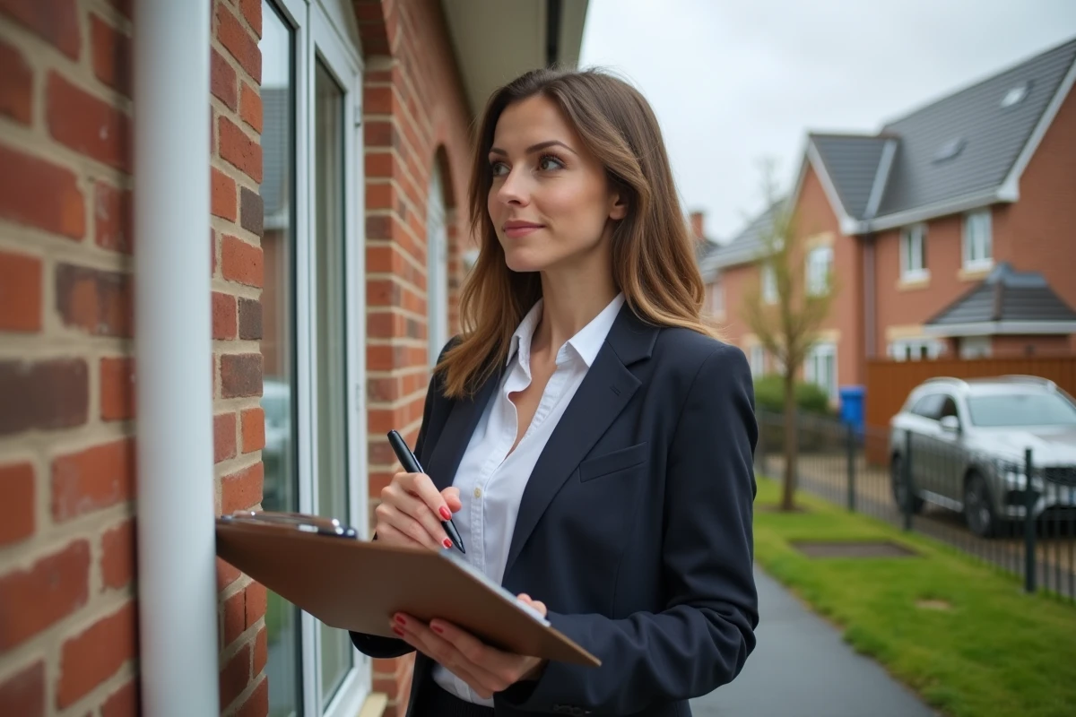 Jeune femme en extérieur inspectant une maison