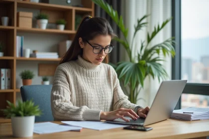 Jeune femme concentrée travaillant sur son ordinateur dans un bureau moderne