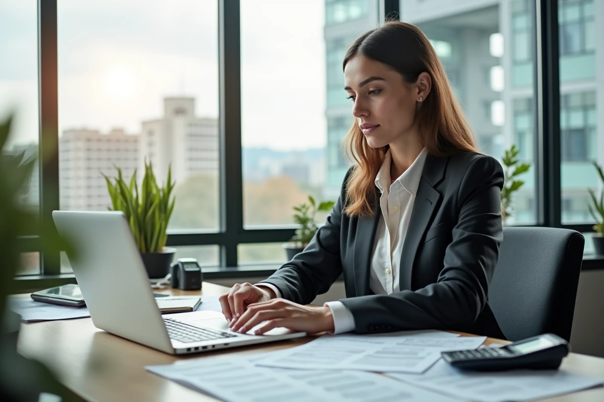 Jeune femme professionnelle travaillant sur son ordinateur dans un bureau moderne