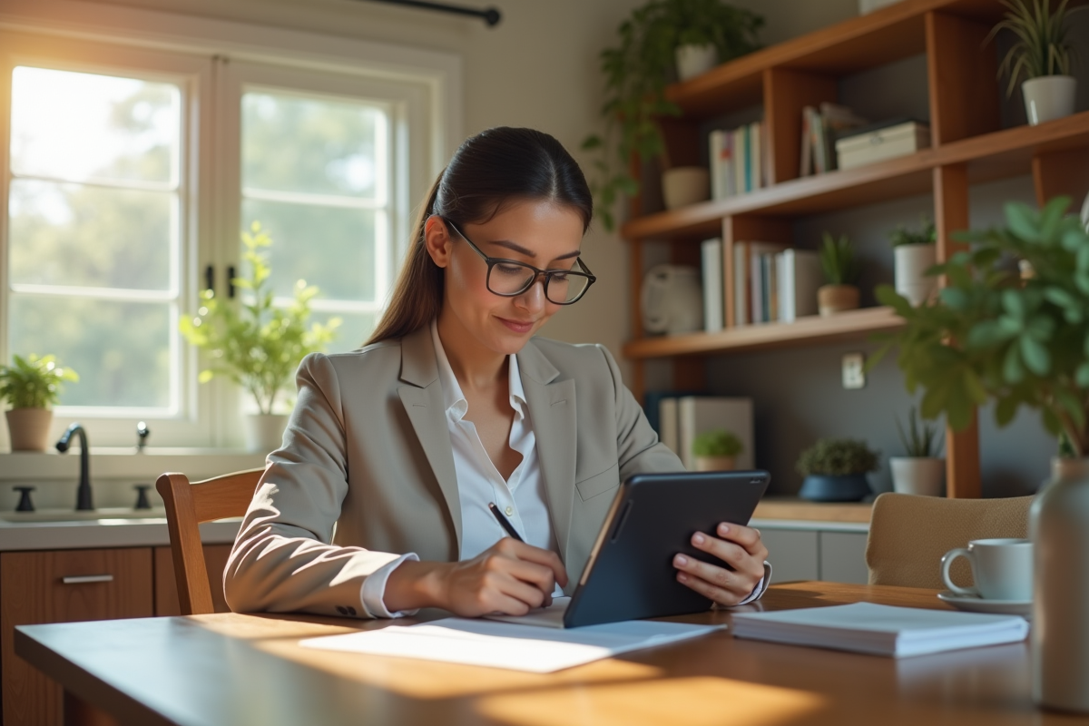 Femme en intérieur calculant avec une tablette