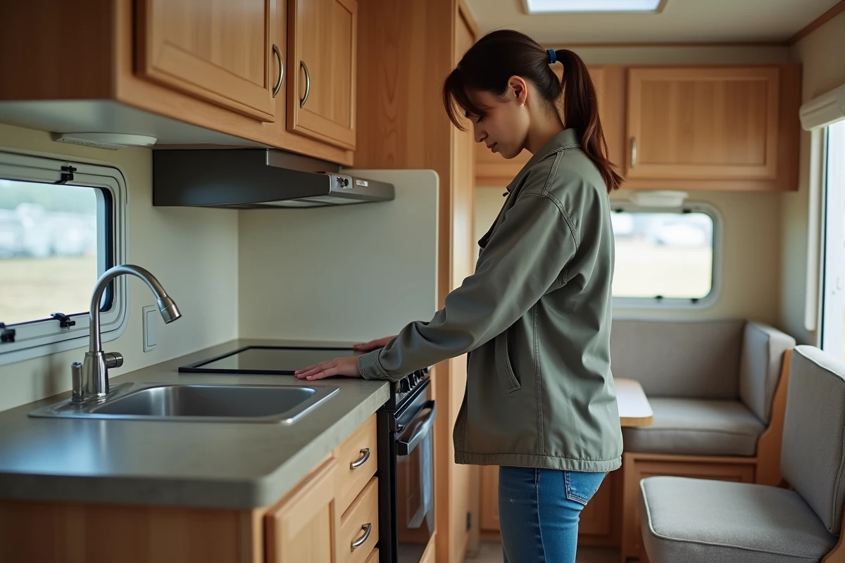 Jeune femme examinant les placards de la cuisine intérieure