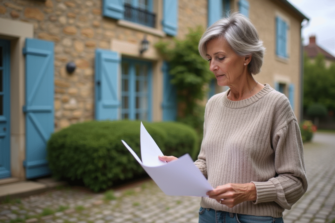Femme d'âge moyen lisant des documents devant une maison en pierre