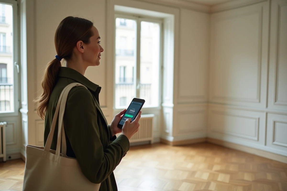 Femme seule visitant un appartement vide et consultant une simulation de crédit immobilier sur son téléphone