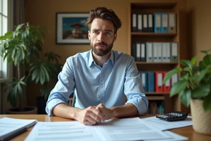Jeune homme étudiant des documents fiscaux immobiliers à son bureau à domicile